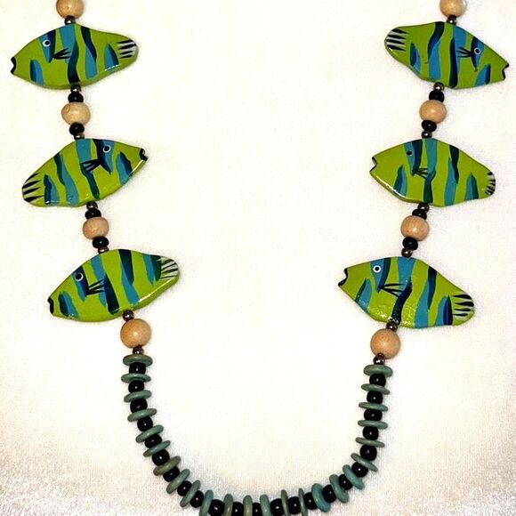 Vintage Hand Painted Green and Blue Fish Necklace - Picture 1 of 7